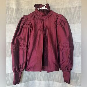 vintage blouse burgundy balloon sleeves ruffle high neck made in Germany size 34